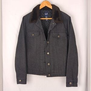 GAP Women's Gray Wool Trucker Jacket With Brown Fur Collar